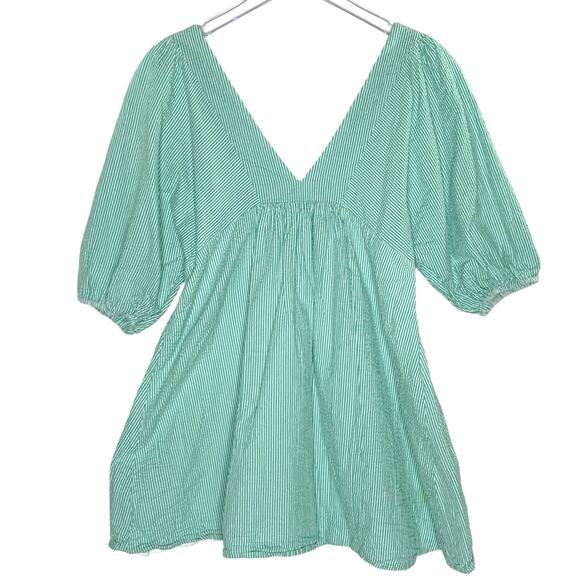 Urban Outfitters S Charlotte Seersucker Mini Dress Puff Sleeve Frock Green - Picture 3 of 10